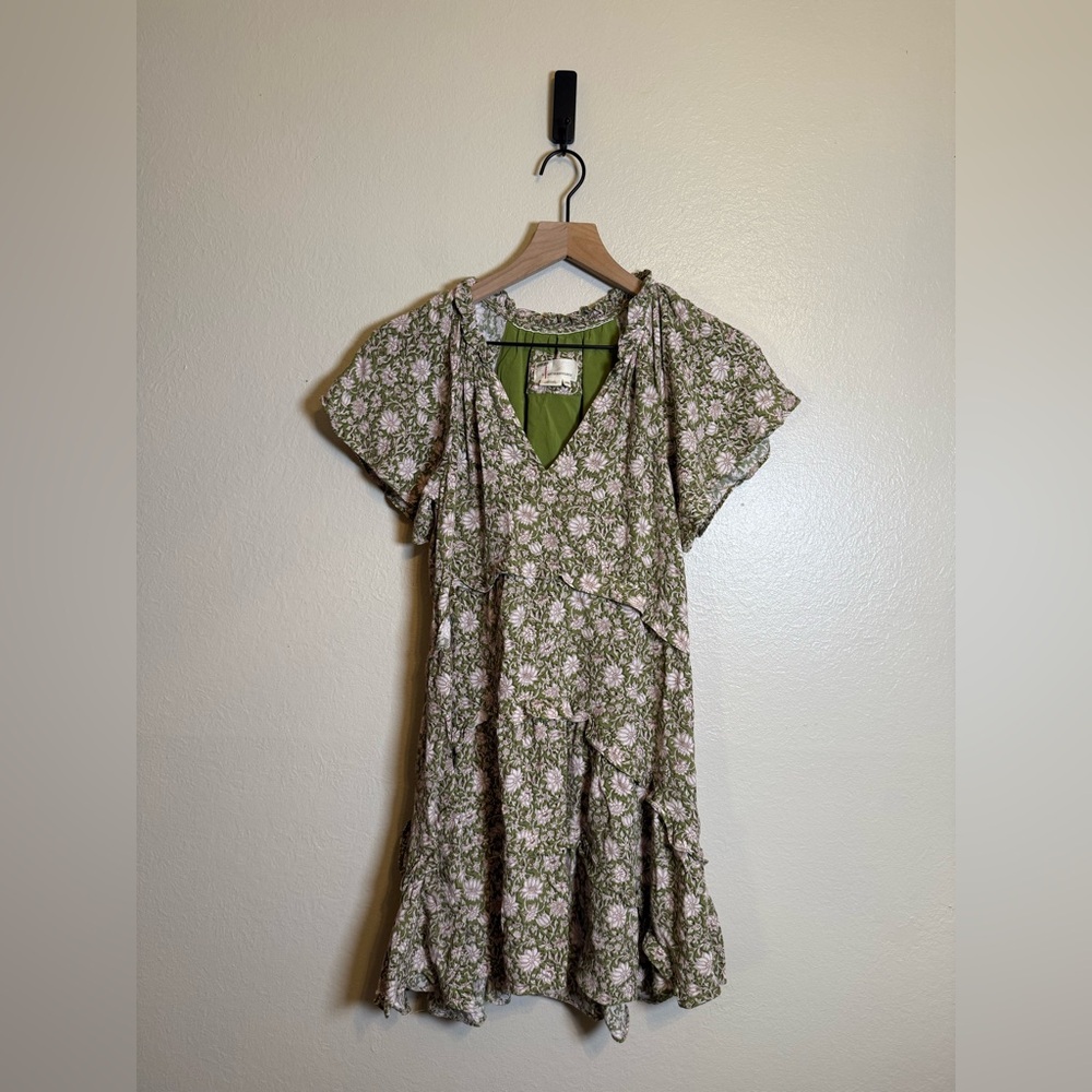 Anthropologie Robin Tiered Mini Dress‎ in Moss Floral - Picture 2 of 6